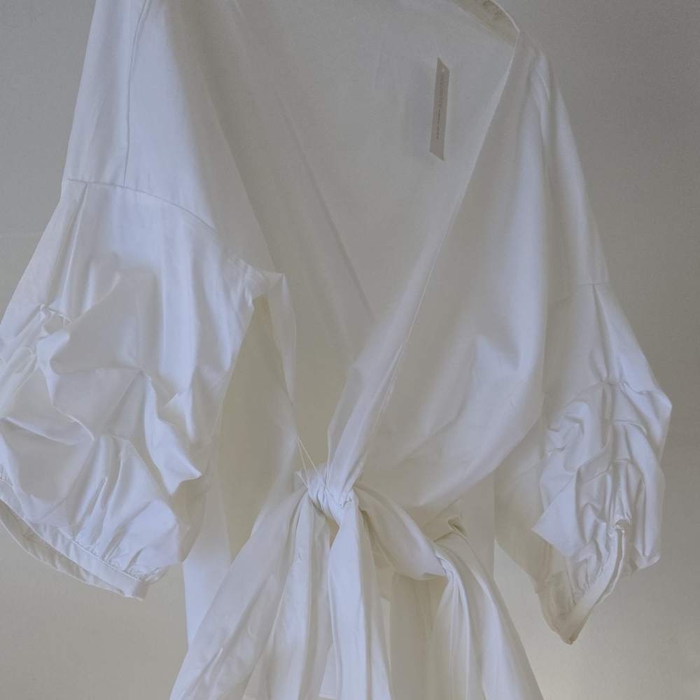 New York & Company White Wrap Puff Sleeve Blouse SKU059